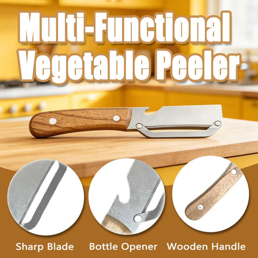 Multi Functional Vegetable Peeler for Kitchen, with Bottle Opener and Wooden Handle, 2-in-1 Stainless Steel Kitchen Tool for Fruit Potato Pumpkin(1P- 2 in 1)