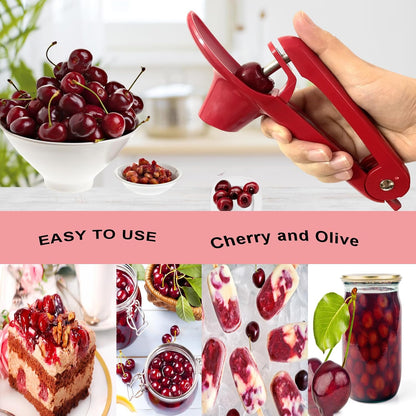 Cherry Pitter, Heavy-Duty Stainless Steel Olive and Cherry Pitters Corer Tool with Space-Saving Lock Design, Multi-Function Cherries Stoner Seed Remover Tool for Making Cherry Jam (Red)