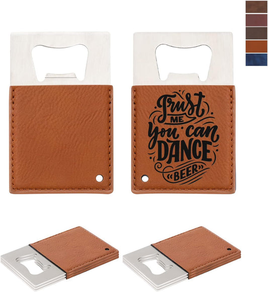 PYD Life 8 Pack Stainless Steel Flat Bottle Opener with Brown Leather Handle Blanks 1.6" x 7" for Glowforge Xtool Laser Engraing Custom Name Text Patterns,Beer Opener for Kitchen,Bar,Restaurant,Home