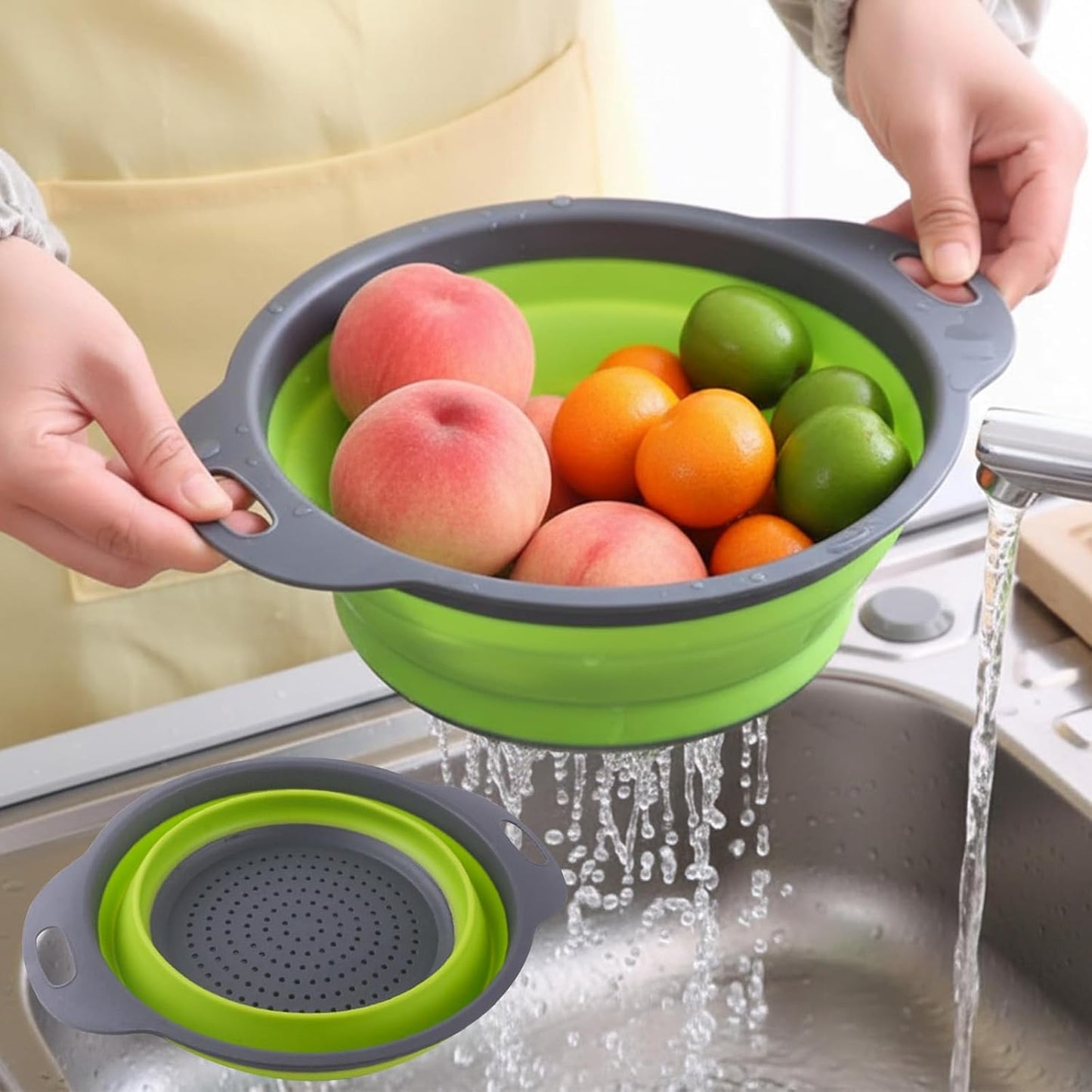Collapsible Colanders, Food Strainers for Kitchen Use, Food-Grade Silicone Folding Strainer for Rinsing and Draining, Orange