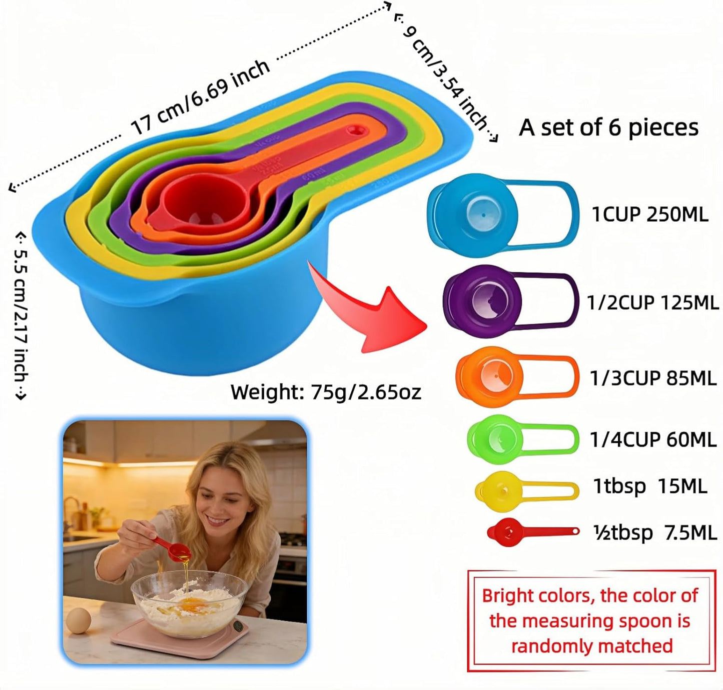 Rainbow Measuring Spoon and Cup Set, 6 Piece, Multicolor, BPA-Free Plastic, Dual Scale CUP/ML, Nesting Stackable Design for Baking and Cooking