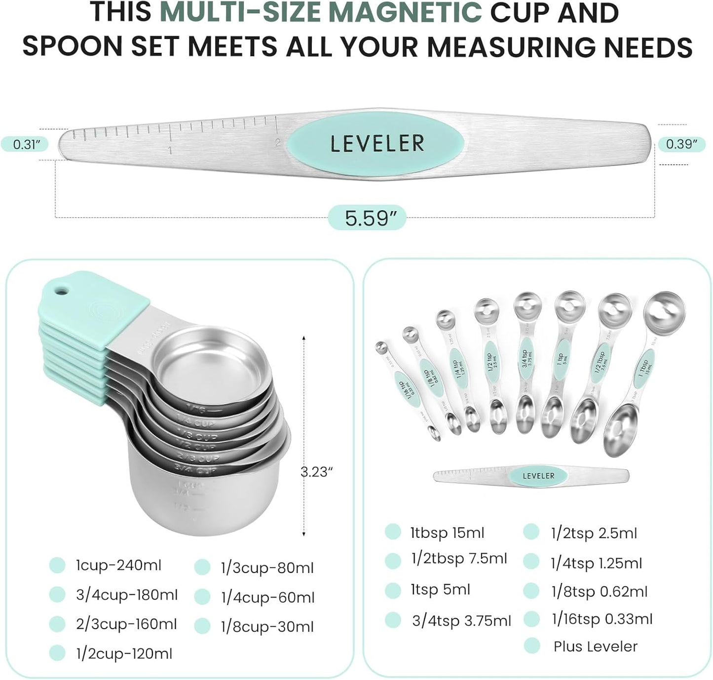 Magnetic Measuring Cups and Spoons Set-Heavy Duty 304 Stainless Steel，Double Measurement Markings，Set of 16 with Leveler for Measure Dry and Liquid Ingredients (Black)