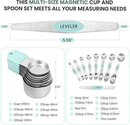 Magnetic Measuring Cups and Spoons Set-Heavy Duty 304 Stainless Steel，Double Measurement Markings，Set of 16 with Leveler for Measure Dry and Liquid Ingredients (Black)