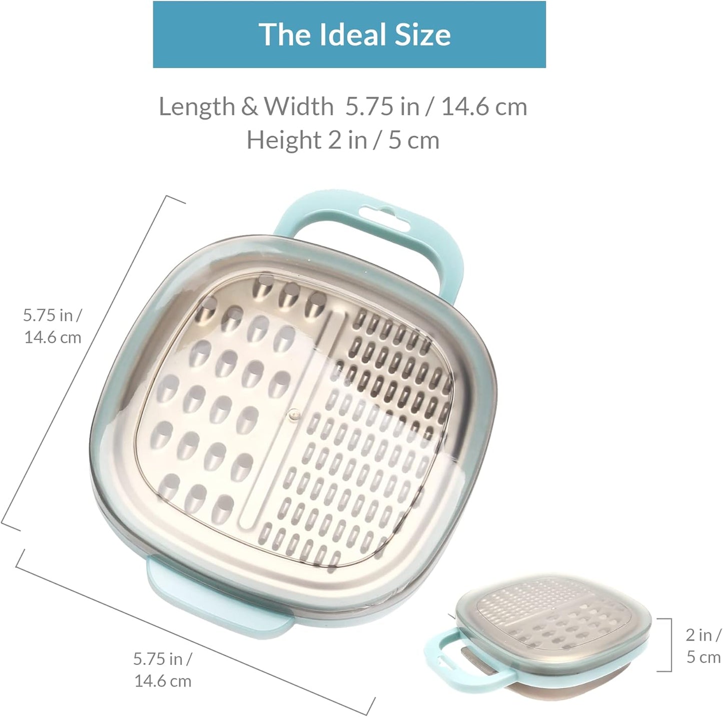 PortoFino Mini Box Grater with Handle, Cheese Grater with Container, 2 in 1 Design for Grating and Storage, Stainless Steel Food Grater with Plastic Storage Container, Dishwasher Safe, Small, Blue