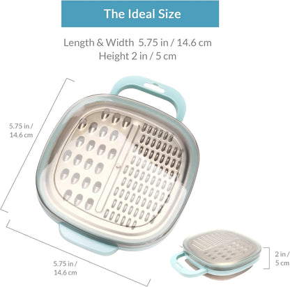 PortoFino Mini Box Grater with Handle, Cheese Grater with Container, 2 in 1 Design for Grating and Storage, Stainless Steel Food Grater with Plastic Storage Container, Dishwasher Safe, Small, Blue