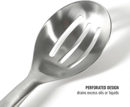 Calphalon Prime Slotted Spoon Skimmer, Stainless Steel Slotted Spoon, Straining Spoon with Navy Silicone Head, Heat-Resistant Nonstick-Safe Kitchen Tool