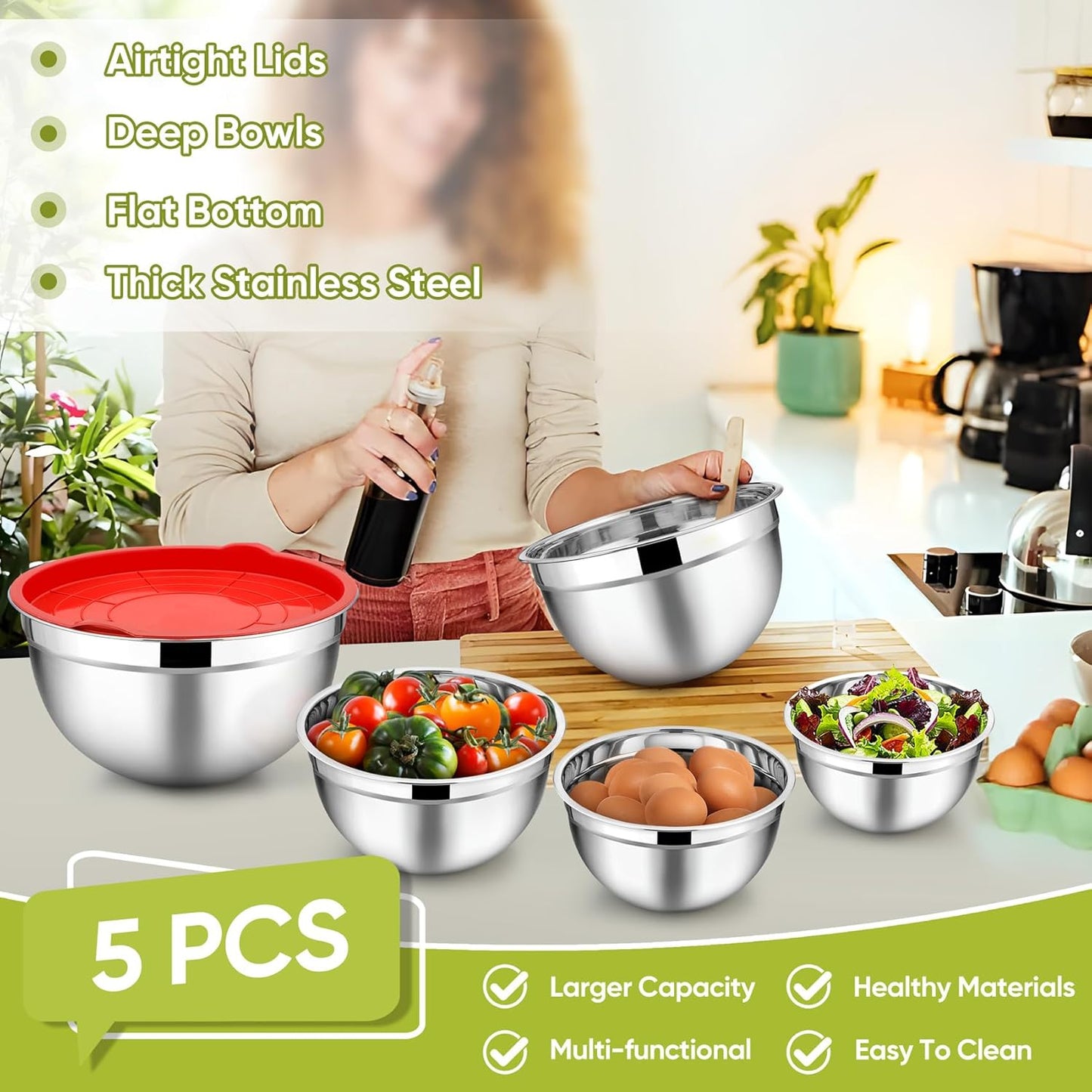 TeamFar Mixing Bowls with Lids, 5-Piece Stainless Steel Metal Nesting Salad Bowl for Mixing Prepping, Healthy & Heavy Duty, Airtight Lids & Dishwasher Safe, 4.5/3/1.5/1/0.7 QT-Khaki