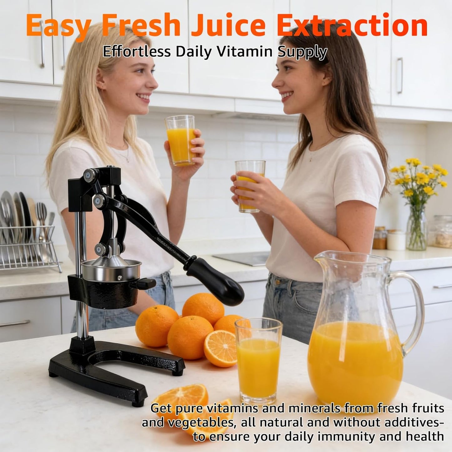 Manual Fruit Juicer Hand Press - Effortless Cast Iron Citrus Squeezer for Home - 304 Stainless Steel, Dishwasher Safe - Extract Fresh Juice from Pomegranate, Orange, Lemon - Non-Slip Base