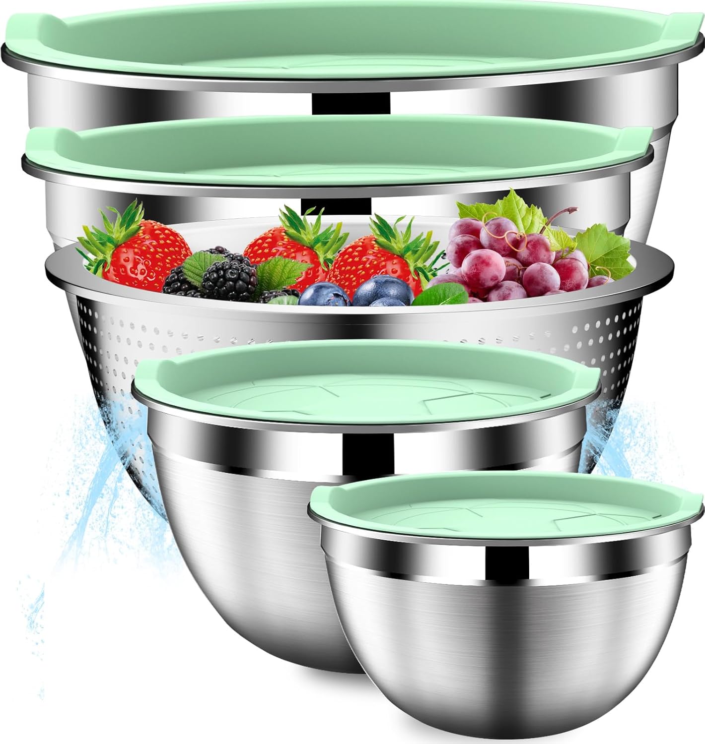 DUTZUN Mixing Bowls with Lids Set, Stainless Steel Mixing Bowls with Colander, Strainer with Mixing Bowl Set, Serving Bowl Kitchen Gift, Size 4.5, 2.5, 2, 1.5QT - Black