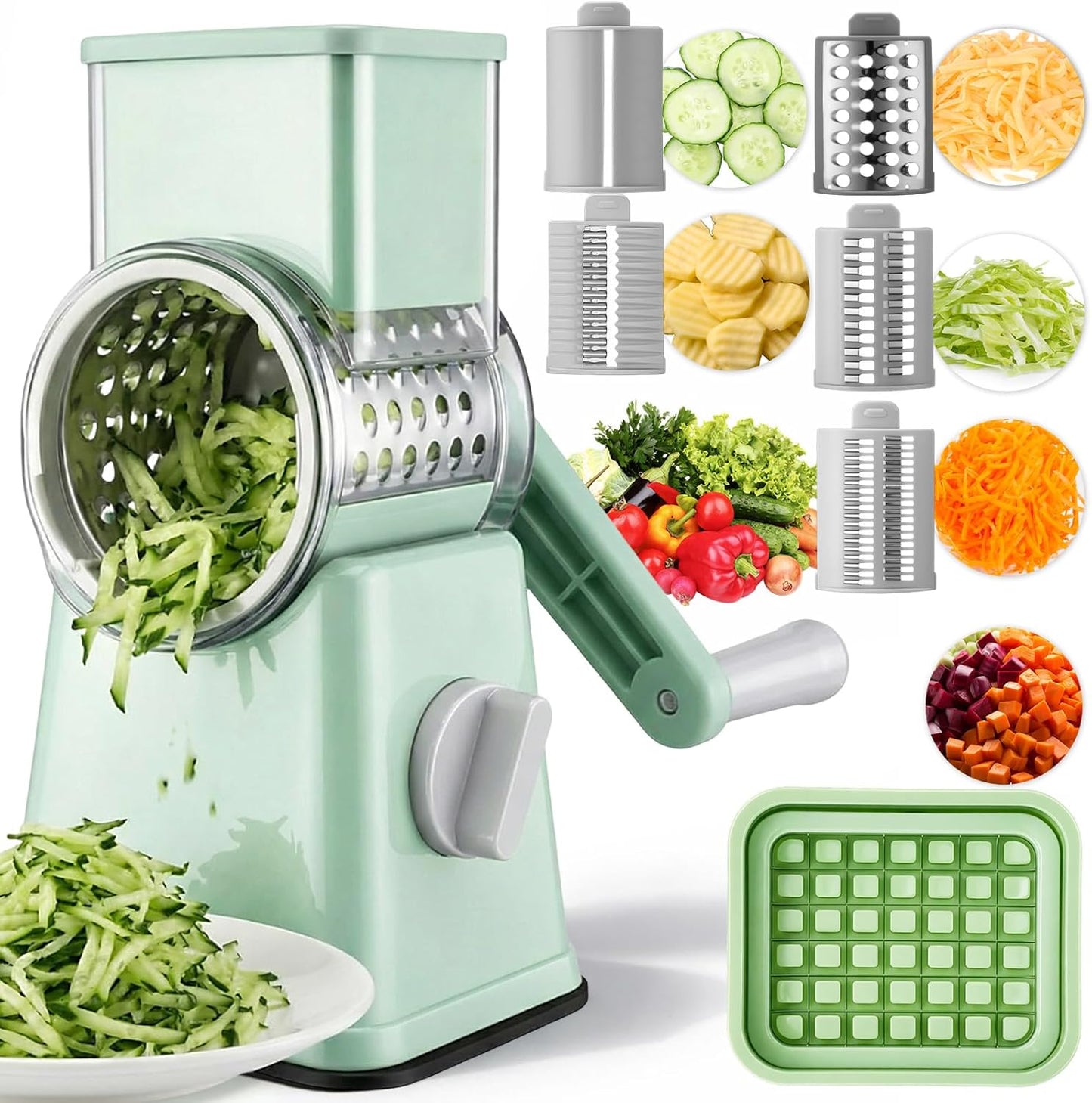 6-in-1 Multifunctional Rotary Cheese Grater with 11 Blades Dice Shred Slice Vegetable Chopper with Suction Base 360° Rotating Handle Safety Push Cup Multi Food Slicer Dicer for Kitchen(Green)