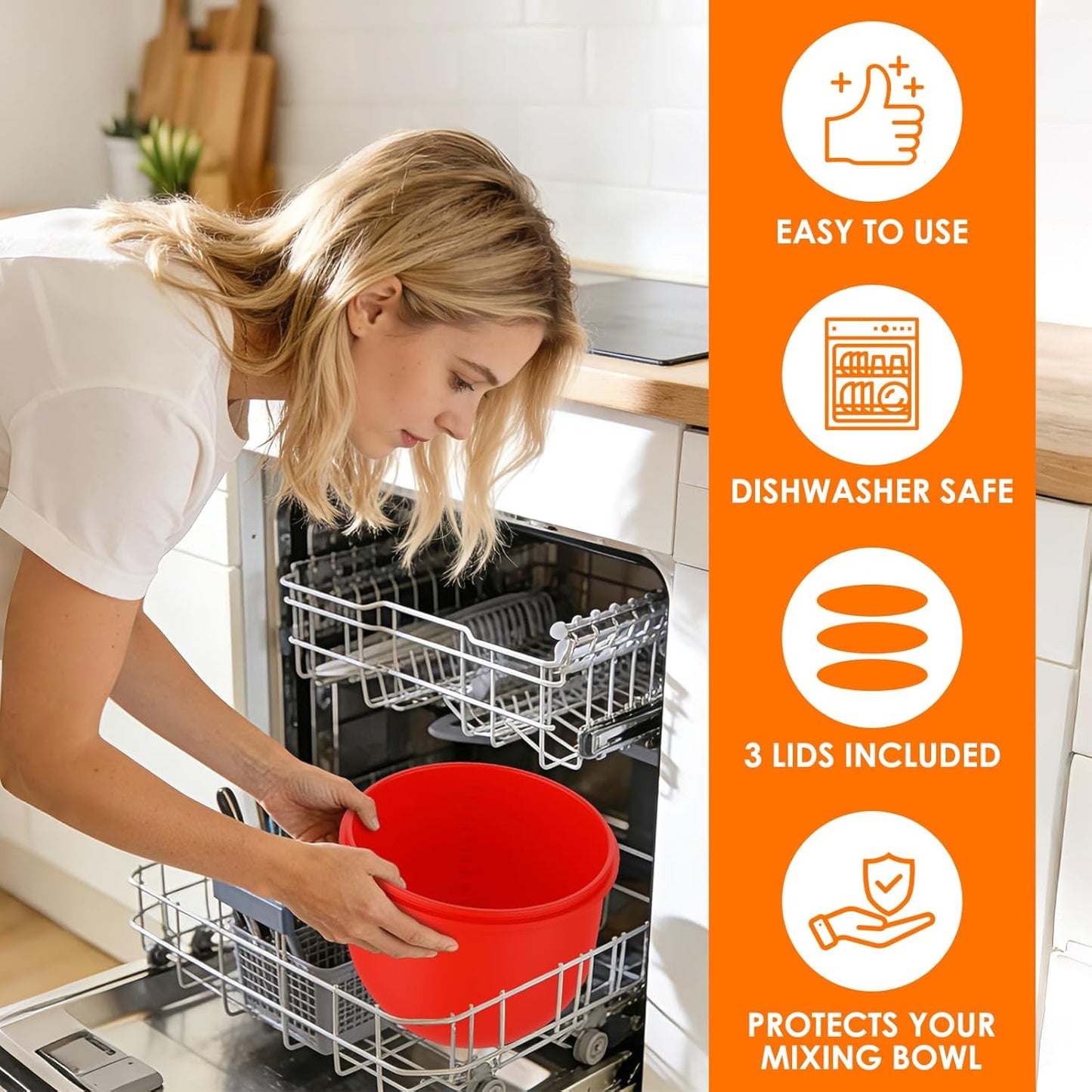 Omoiyari Premium MultiColors 3-Pack Silicone Bowl Liners with Lids for KitchenAid 7-Qt Bowl-Lift (Only), 2mm Extra-Thick Silicone, Odour-Free,Air Valves for Dough Proofing,Dishwasher Safe, BPA Free