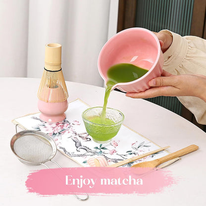 Matcha Whisk Set, 8 Pcs Matcha Kit Set With Pink Cherry Blossom Embossed Pattern Includes 18 OZ Bowl, Bamboo Whisk, Ceramic Holder, Bamboo Scoop x2, Scoop Rest, Stainless Sifter and Tea Towel