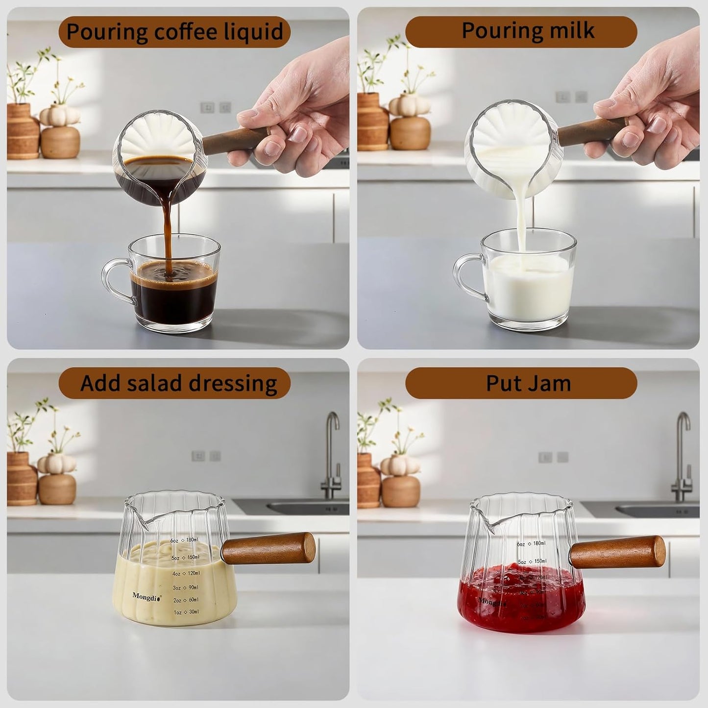 Mongdio 6OZ Espresso Measuring Cup with Wooden Handle, Glass Measuring Cup with Dual Scale Markings, Espresso Shot Cups, Milk Frothing Pitcher for Coffee, Milk