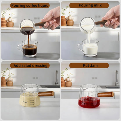 Mongdio 6OZ Espresso Measuring Cup with Wooden Handle, Glass Measuring Cup with Dual Scale Markings, Espresso Shot Cups, Milk Frothing Pitcher for Coffee, Milk