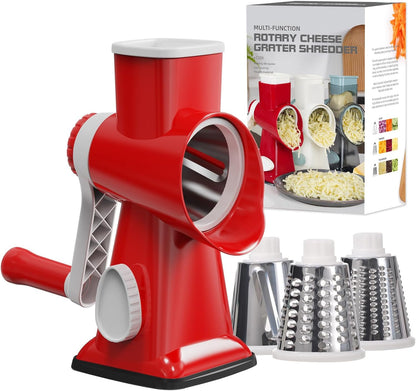 Cheese Grater Cheese Shredder with 3 Interchangeable Blades, Rotary Cheese Grater Manual Vegetable Slicer with Non-slip Suction Base Peanut Nuts Grinder Vegetable Shredder Clear