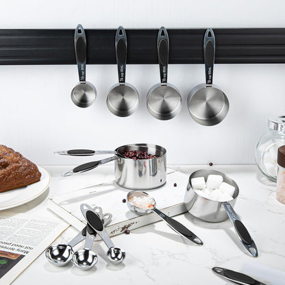 Magnetic Measuring Cups and Spoons Set, 12 Piece Stainless Steel Measuring Cups and Spoons Set, Nesting Kitchen Gadgets with Removable Clasp for Cooking & Baking (Black)