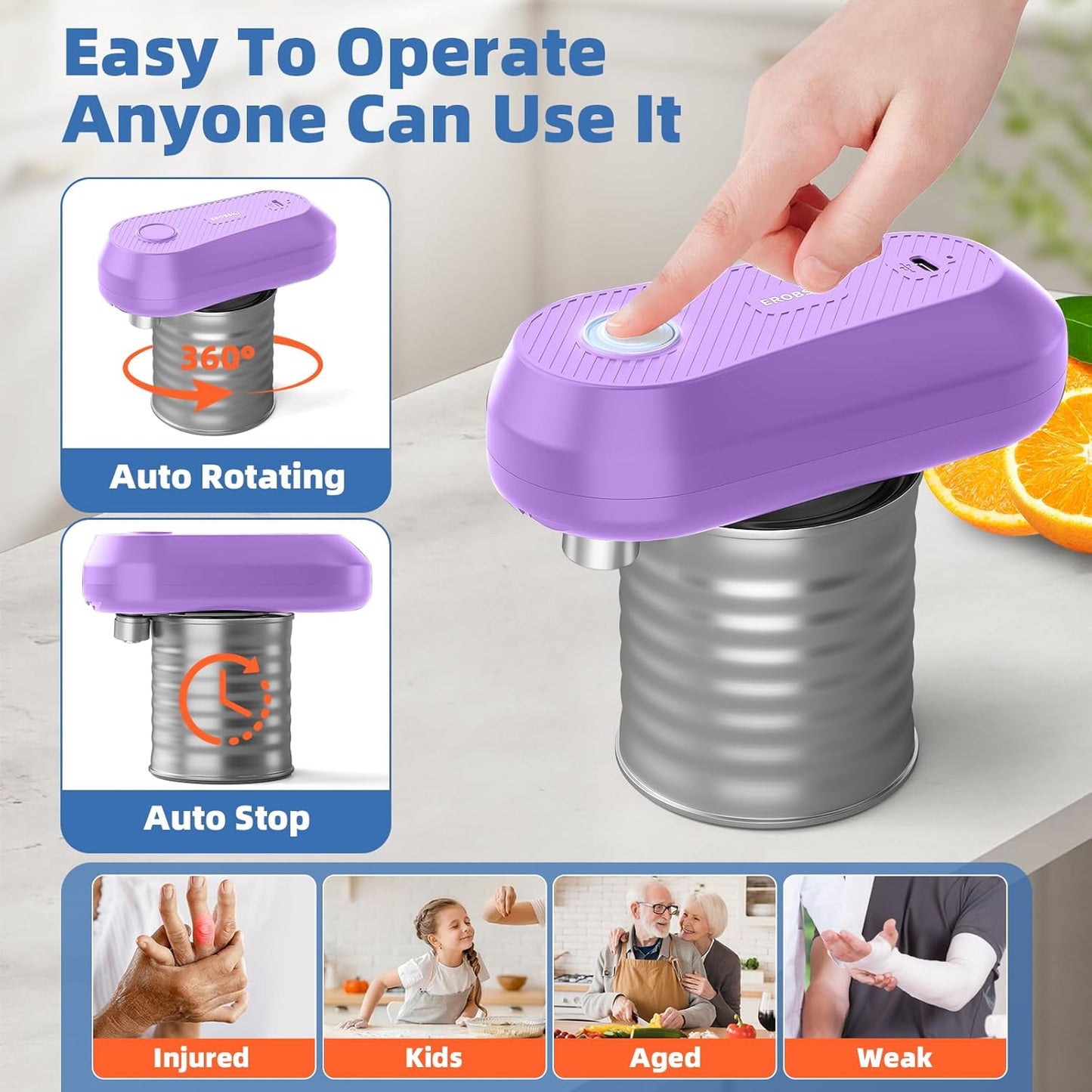 Electric Can Opener, Rechargeable Can Openers for Seniors & Arthritis, One-Touch Automatic Can Opener, Hands-Free, Smooth Edge, Compact, Kitchen Gadgets