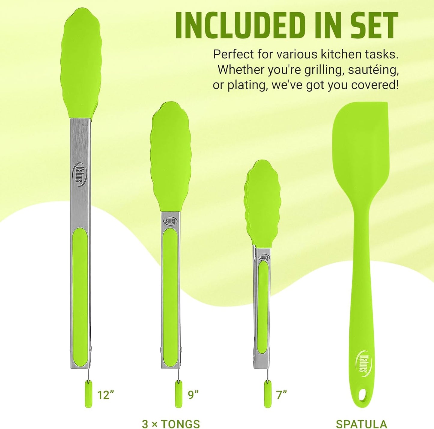Kaluns Kitchen Tongs for Cooking Grilling Set of 4, BBQ Grill Tongs With Silicone Tip Stainless Steel Heat Resistant, Non-stick Pull Lock, Incl 7, 9, 12 Inch Tong Plus a Silicone Spatula