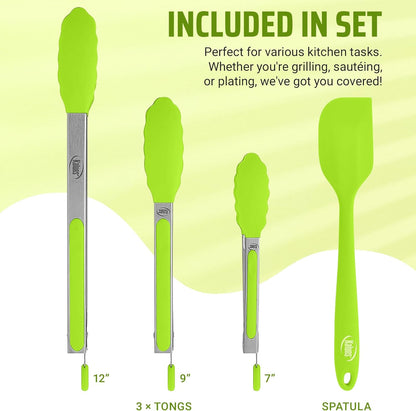 Kaluns Kitchen Tongs for Cooking Grilling Set of 4, BBQ Grill Tongs With Silicone Tip Stainless Steel Heat Resistant, Non-stick Pull Lock, Incl 7, 9, 12 Inch Tong Plus a Silicone Spatula