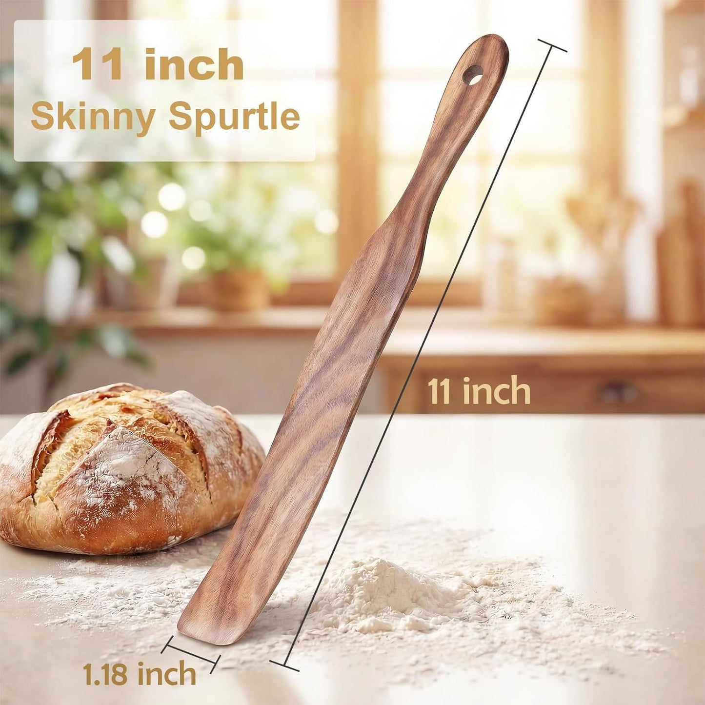 2 Pcs Solid Wood Spurtles, Thin Acacia Wood Stirrer for Sourdough Starter Jar Bottom, Long Handle Non-Scratch Heat Resistant Baking Utensils, Gift for Bakers