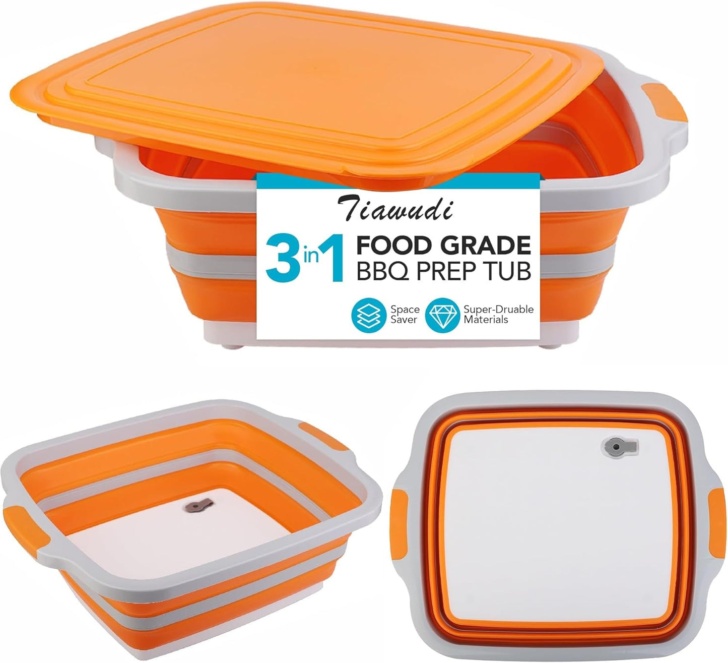 Tiawudi Large Collapsible BBQ Prep Tub with Lid(4.22 Gal/16L), Foldable Camping Sink with Colander, Cutting Board, Dish Basin for Kitchen, Bowl, Vegetable and Fruit, Storage Basket for Picnic