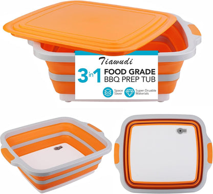 Tiawudi Large Collapsible BBQ Prep Tub with Lid(4.22 Gal/16L), Foldable Camping Sink with Colander, Cutting Board, Dish Basin for Kitchen, Bowl, Vegetable and Fruit, Storage Basket for Picnic