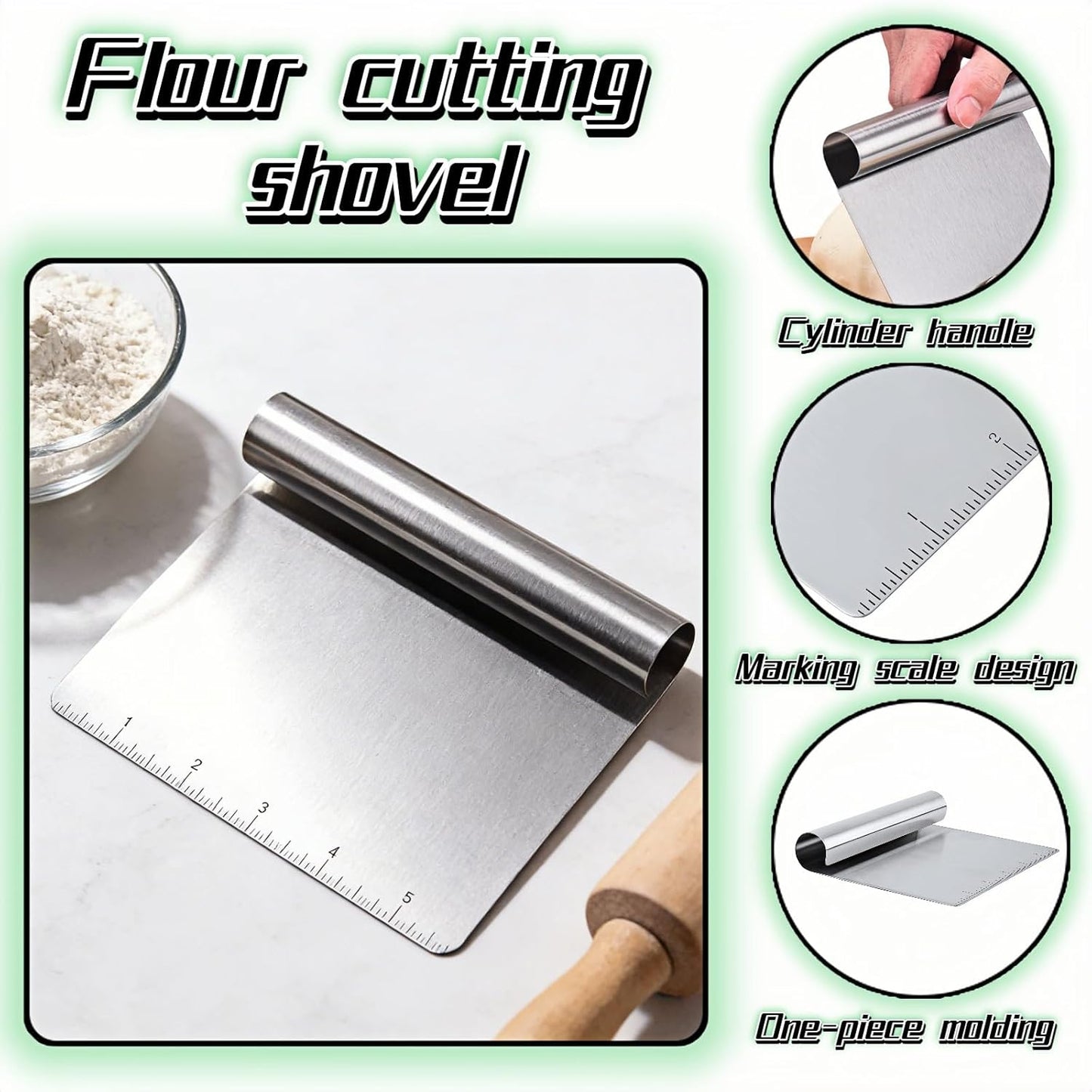 Stainless Steel Dough Scraper with Measuring Scale - Multi-Purpose Kitchen Tool for Baking, Pizza, Grilling, Pastry Cutter & Vegetable Chopper | Ergonomic Handle & Rust-Proof Design