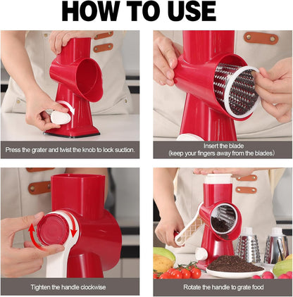 Cheese Grater Cheese Shredder with 3 Interchangeable Blades, Rotary Cheese Grater Manual Vegetable Slicer with Non-slip Suction Base Peanut Nuts Grinder Vegetable Shredder Clear