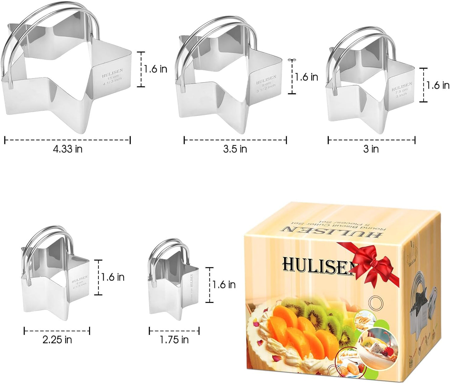 HULISEN Square Biscuit Cutter Set (4 Pieces/Set), Stainless Steel Cookies Cutter with Handle, Professional Baking Dough Tools, Gift Package (Square)