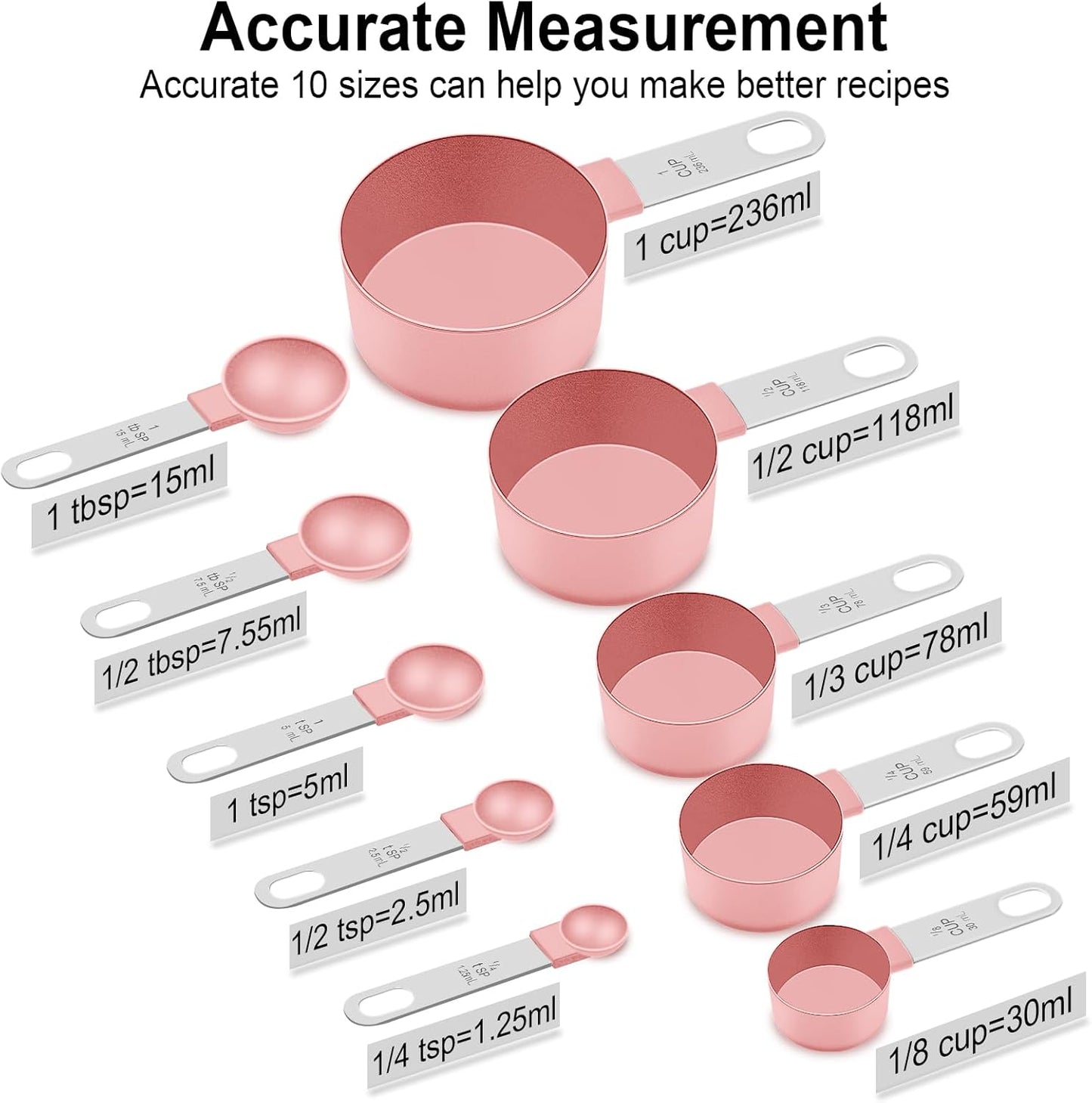 Measuring Cups and Spoons Set, 10 Pieces Nesting Measure Tools, Kitchen Essentials Gadgets with Stainless Steel Handle for Dry & Liquid Ingredient, Pink