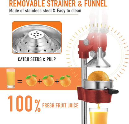 Commercial Heavy Duty Countertop Hand Press Manual Juicer Squeezer Fruit Crusher Machine for Orange Citrus Lemon Lime Grapefruit and Pomegranate Red