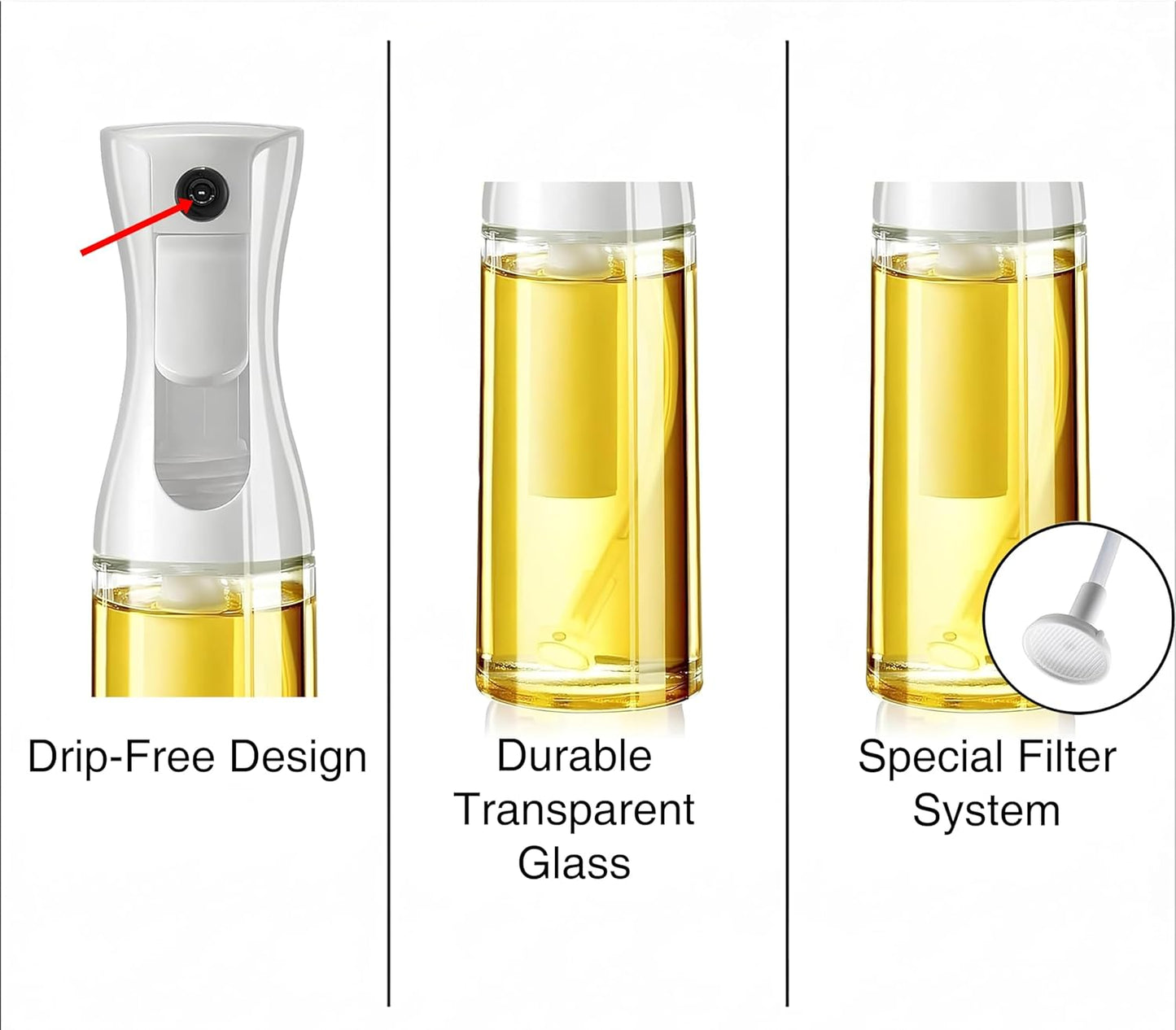 Glass Oil Sprayer for Cooking - Olive Oil Mister Spray Bottle - 6.7 fl.oz - Air Fryer Accessories - Refillable Dispenser for Kitchen