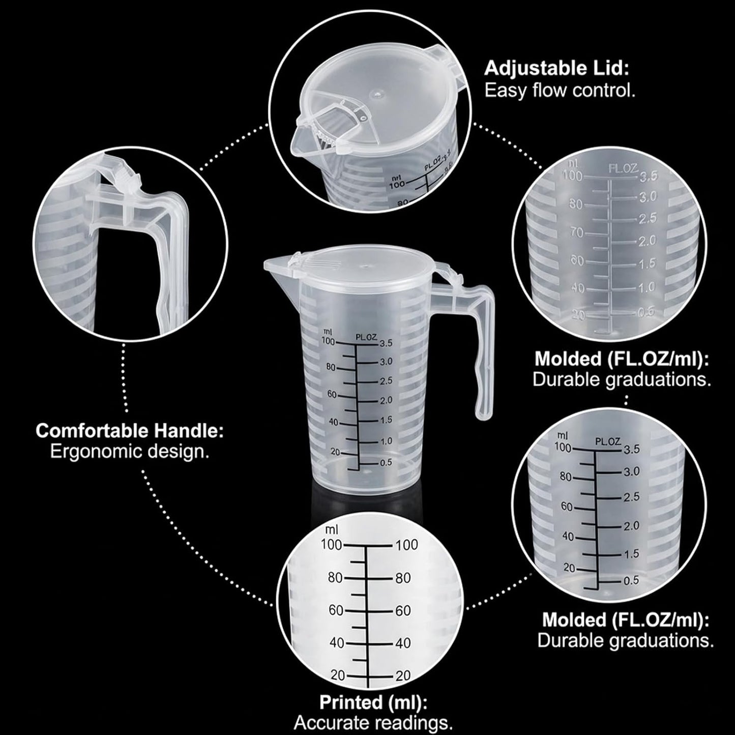 100ml Plastic Graduated Beaker, 2 Pack Liquid Measuring Cup with Handle with Lid, Measuring Pitcher Measure Containers for Liquid Mixing, Pet Food, Motor Oil, Laboratory, Kitchen