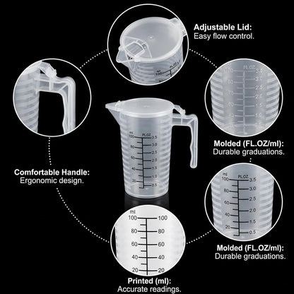 100ml Plastic Graduated Beaker, 2 Pack Liquid Measuring Cup with Handle with Lid, Measuring Pitcher Measure Containers for Liquid Mixing, Pet Food, Motor Oil, Laboratory, Kitchen