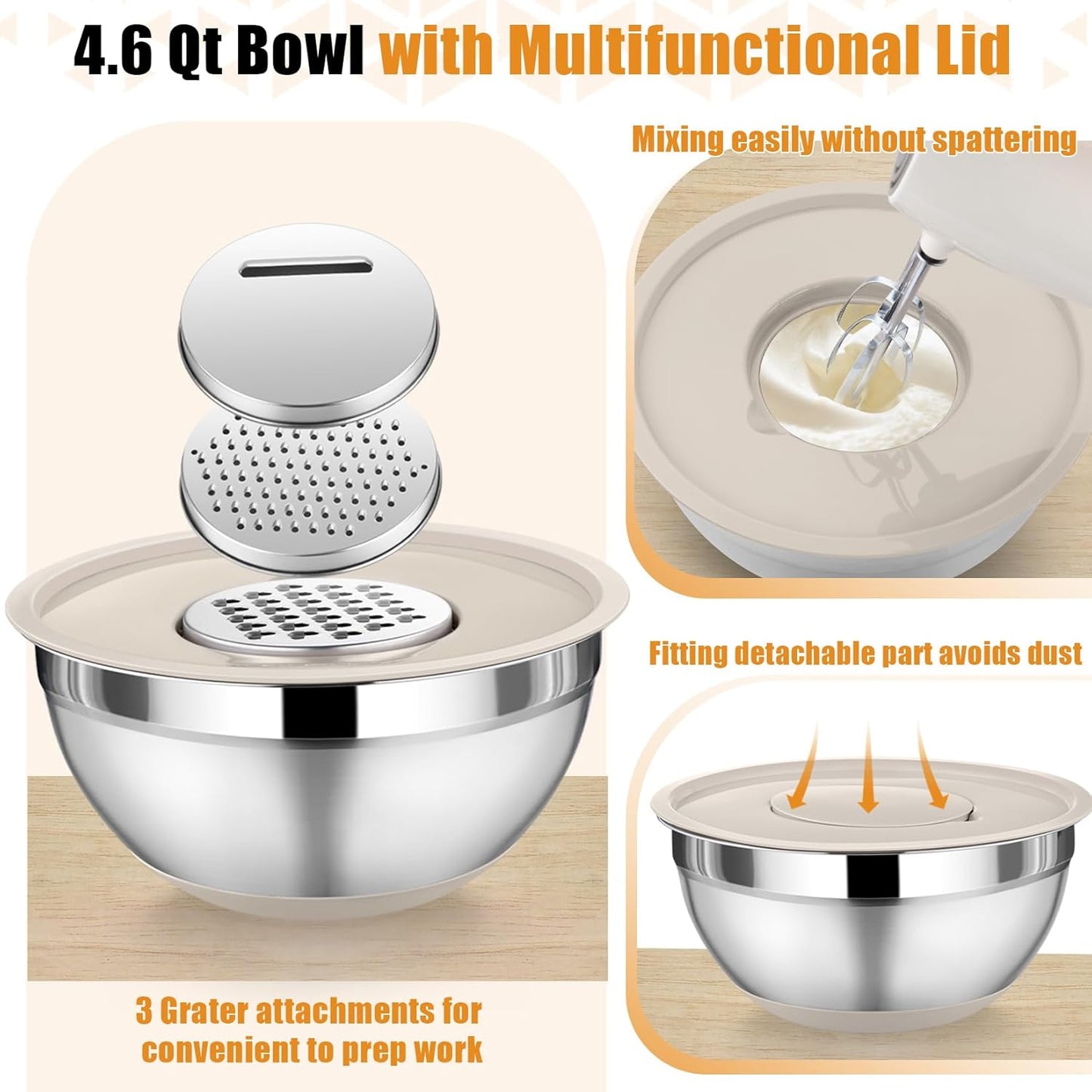 P&P CHEF Mixing Bowl with Lid Set, 5 Piece Stainless Steel Mixing Nesting Bowls for Salad Storage, 3 Grater Attachments & Non-Slip Bottoms, Size 1/1.5/2 / 2.6/4.6 QT, Multicolor