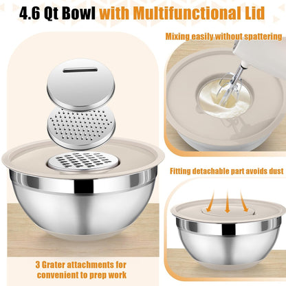 P&P CHEF Mixing Bowl with Lid Set, 5 Piece Stainless Steel Mixing Nesting Bowls for Salad Storage, 3 Grater Attachments & Non-Slip Bottoms, Size 1/1.5/2 / 2.6/4.6 QT, Multicolor