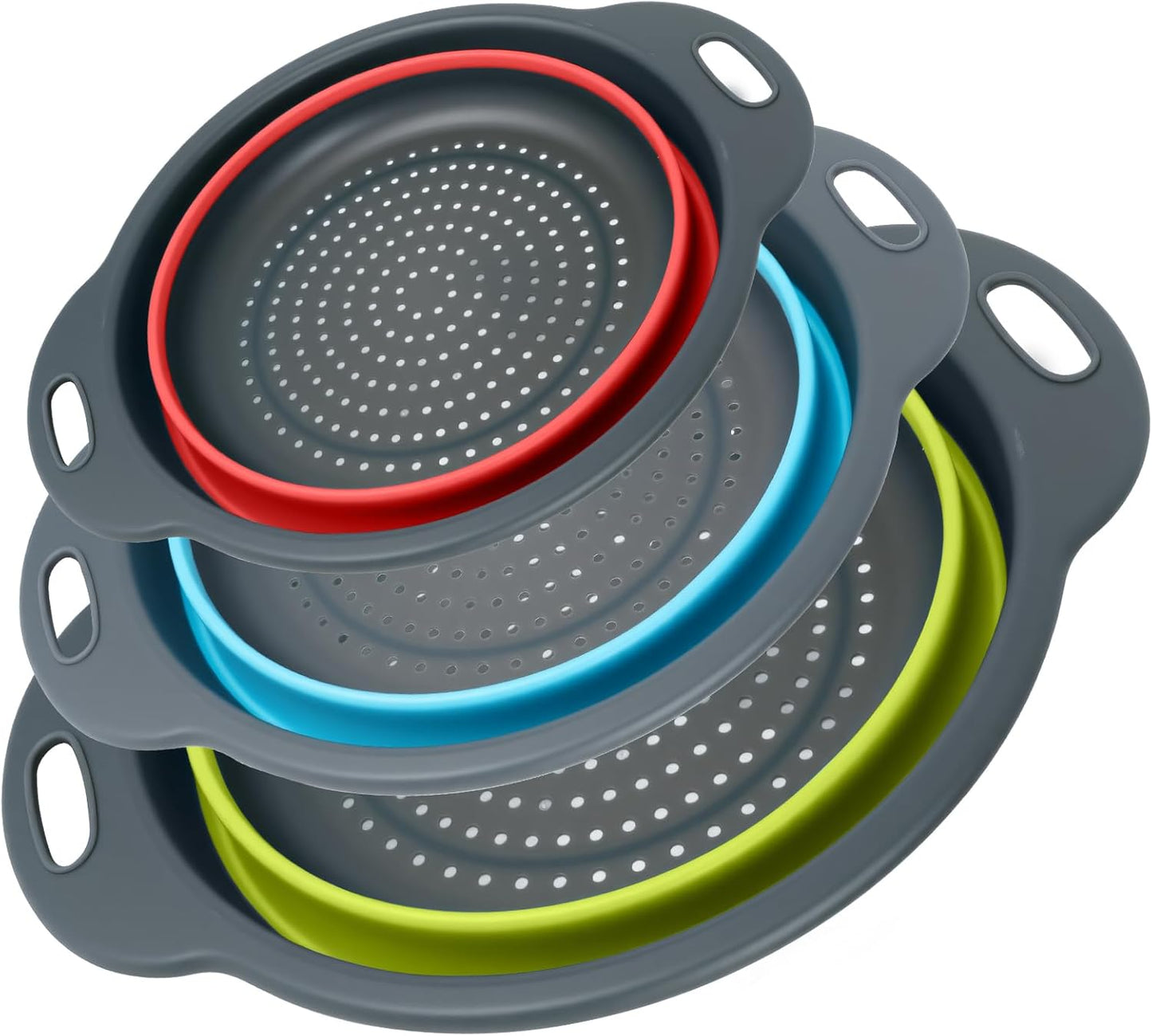 Collapsible Colander 3-Pack Set Space-Saving Foldable Kitchen Strainer with Non-Slip Base Durable Thickened PP+TPE Collapsible Strainers for Pasta, Vegetables, Fruits (Gray-White)