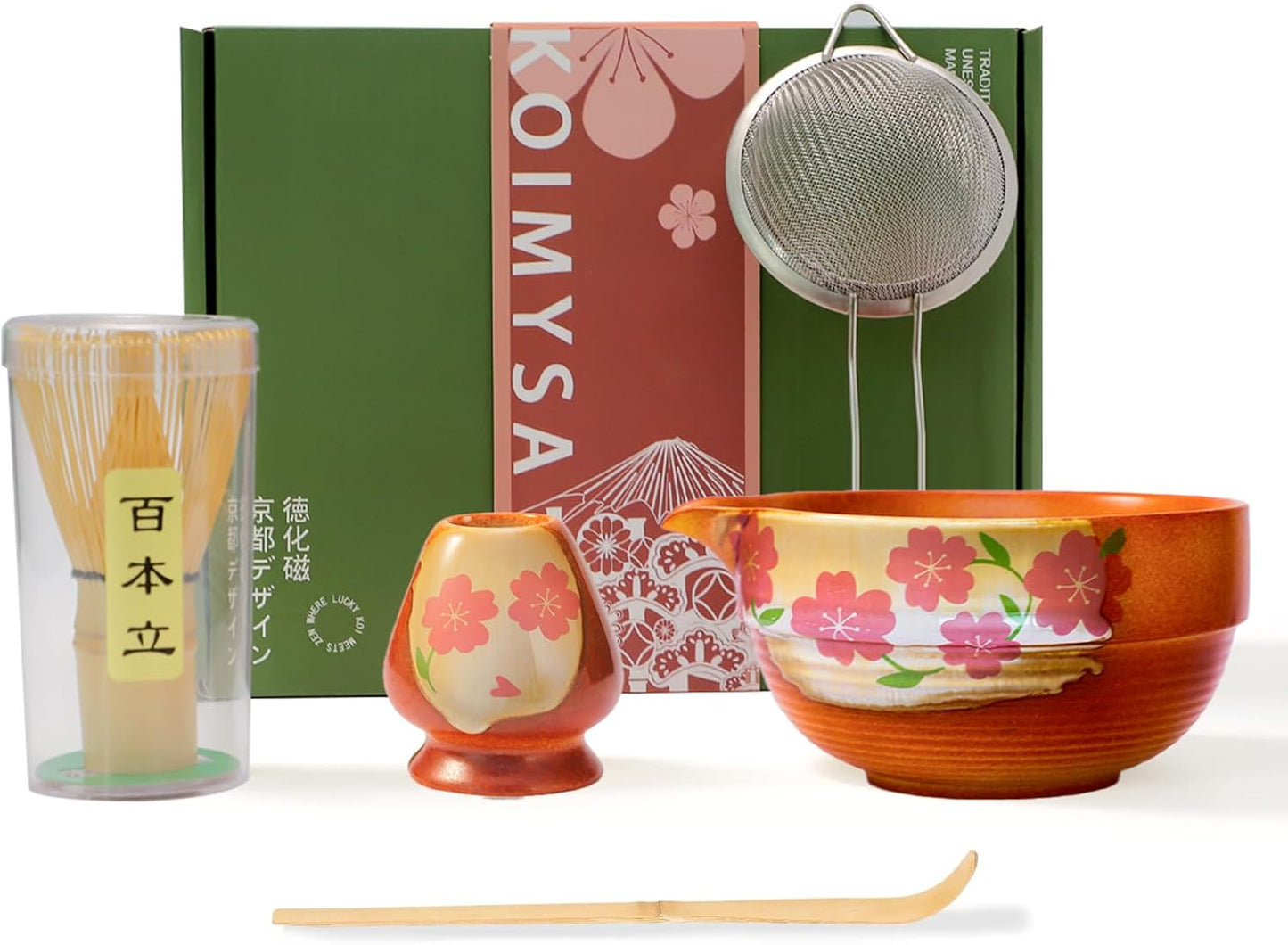 Matcha Whisk Set, 5 Pcs Traditional Japanese Matcha Whisk Preparation Kit, White Glossy Ceramic Bowl with Black Cat and Strawberry Pattern