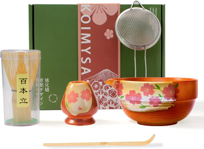 Matcha Whisk Set, 5 Pcs Traditional Japanese Matcha Whisk Preparation Kit, White Glossy Ceramic Bowl with Black Cat and Strawberry Pattern