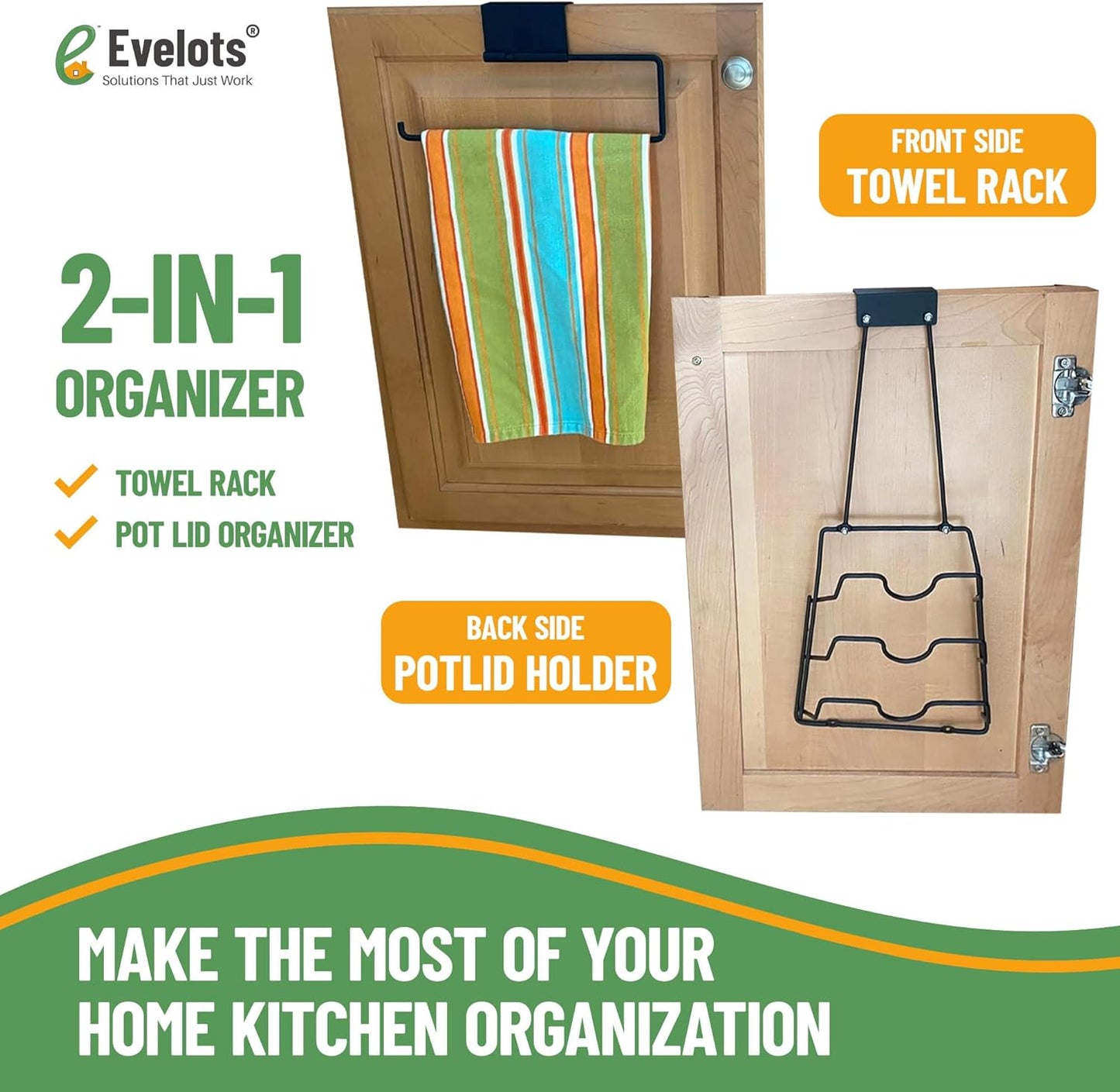 Evelots 6 Pot Lid Organizer for Cabinet Door or Pantry Wall - Closet Door Pots and Pans Lids Holder - Glass or Metal Pan Covers Cabinet Organizer Kitchen Storage - White 6 Tier Lid Rack