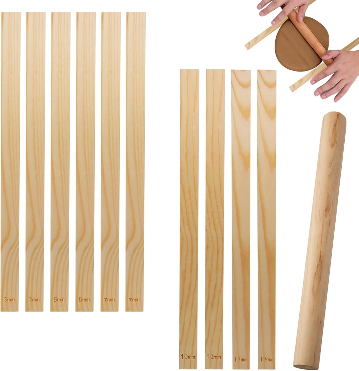 suiwotin 11pcs Wooden Pottery Teaching Kit - 10pcs 5-Size Clay Thickness Guides with 1pc Rolling Pin for Clay Art, Ceramics & DIY Craft Projects
