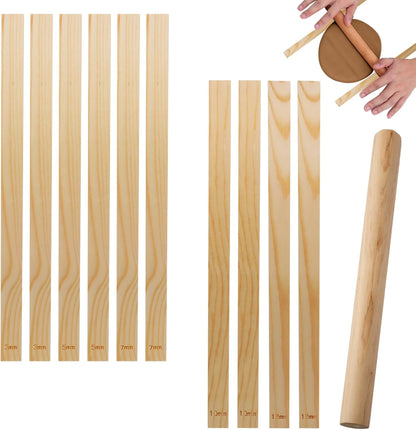 suiwotin 11pcs Wooden Pottery Teaching Kit - 10pcs 5-Size Clay Thickness Guides with 1pc Rolling Pin for Clay Art, Ceramics & DIY Craft Projects