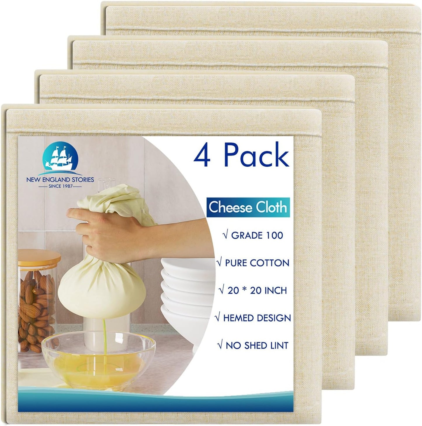 8 PCS Reusable Cheesecloth, Grade 100, 20x20 Inch Hemmed Cheese Cloth for Straining Craft, 100% Cotton Unbleached Cloth Strainer for Cooking, Baking, Juicing, Cheese Making