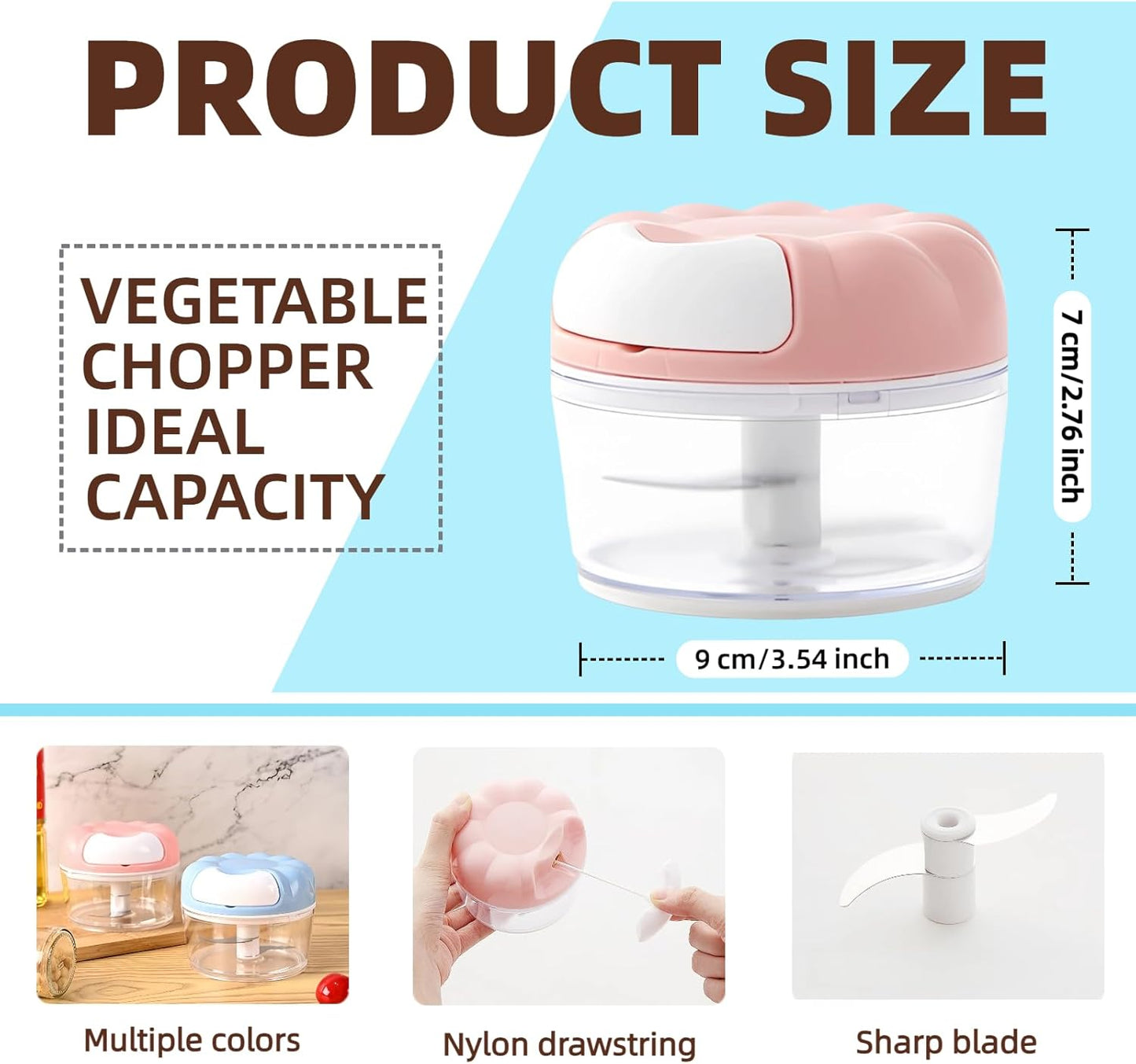Mini Manual Food Processor Vegetable Chopper,Portable Hand Pull String Onion Chopper for Veggies, Fruits, Garlic, Nuts, Herbs, Ice cube,Cooking Gadgets & Kitchen Essentials,160ml (Blue)