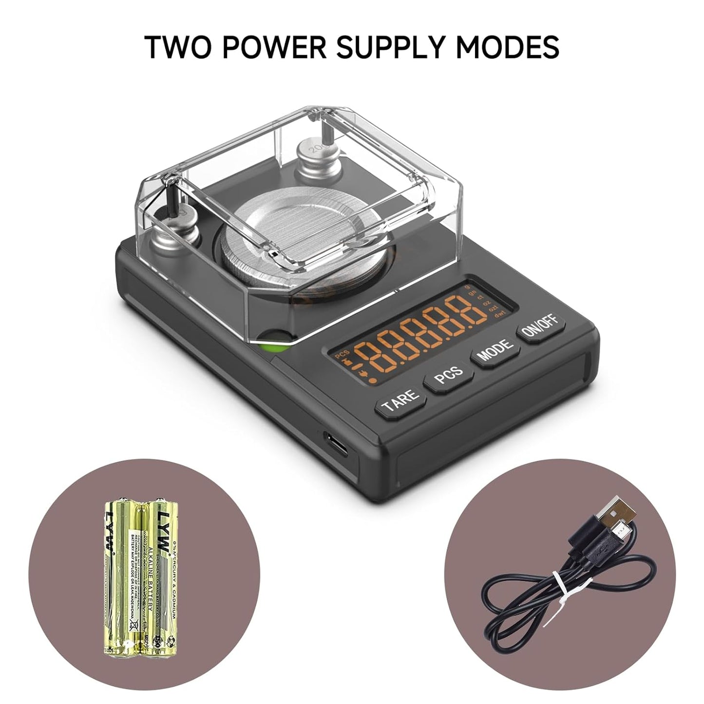 Milligram Scale 100g x 0.001g, MG Powder Scale with Selectable Auto Off, Built-in Bubble Level, 20g Calibration Weight Included, USB/Battery