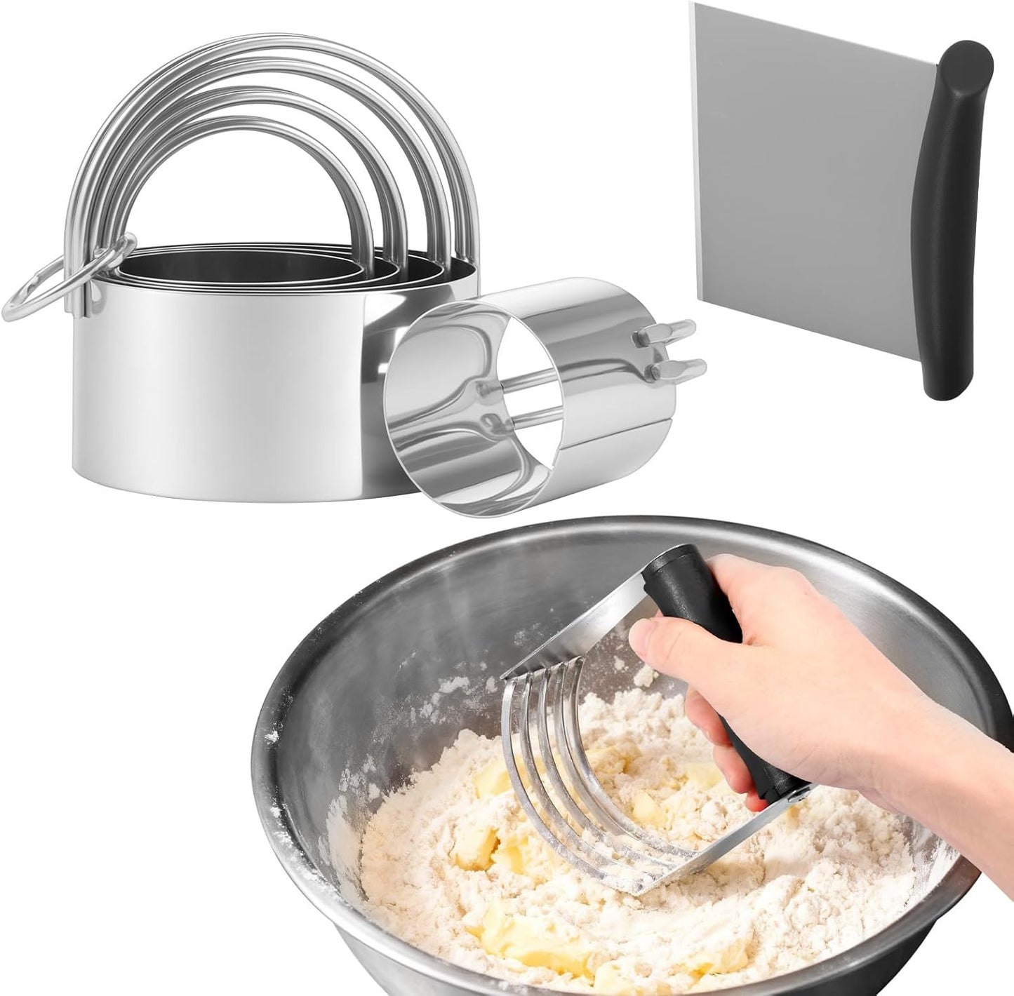 Stainless Steel Biscuit Cutter Set, Ergonomic Pastry Scraper and Dough Blender with Non Slip Grip for Biscuits Pie Cookies(style 1)