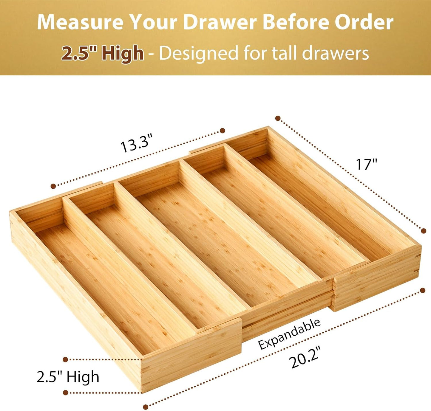 Umilife Large Expandable Kitchen Silverware Utensils Drawer Organizer, 2.5" Extra High Adjustable Drawer Divider with Curved Grooves, Bamboo Wood Cutlery Tray Flatware Holder