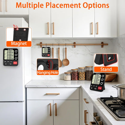 Digital Dual Kitchen Timer, 3 Channels Count Down/Up Multi Timer with Memory-Preset Magnetic Back & Large Display Adjustable Alarm Volume, Suit for Food Cooking, Black