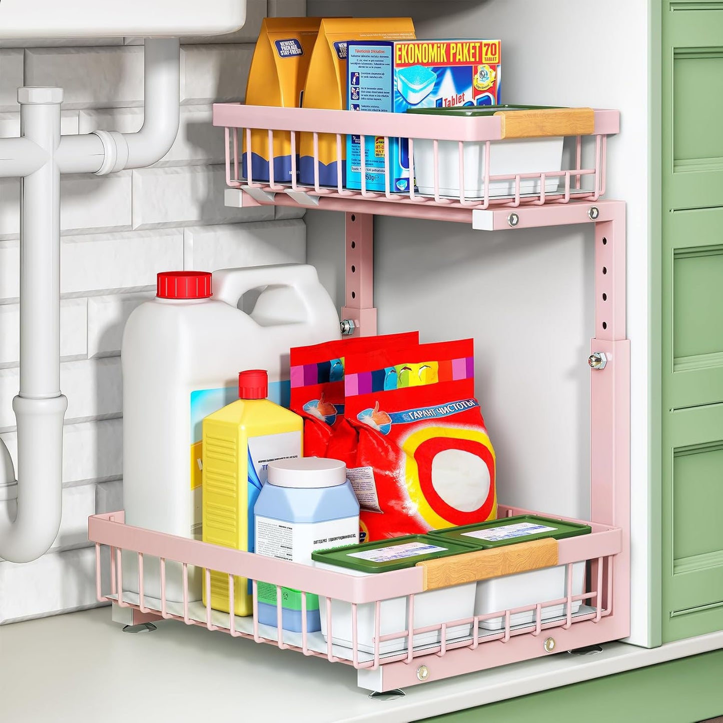 Kitstorack Under Sink Organizer, 2 Tier Under the Sink Storage, Slide out Pull out Cabinet Organizer Shelf, Metal Sliding Drawer for Kitchen Bathroom Pantry Closet Organization Rack, Black, 2 Pack