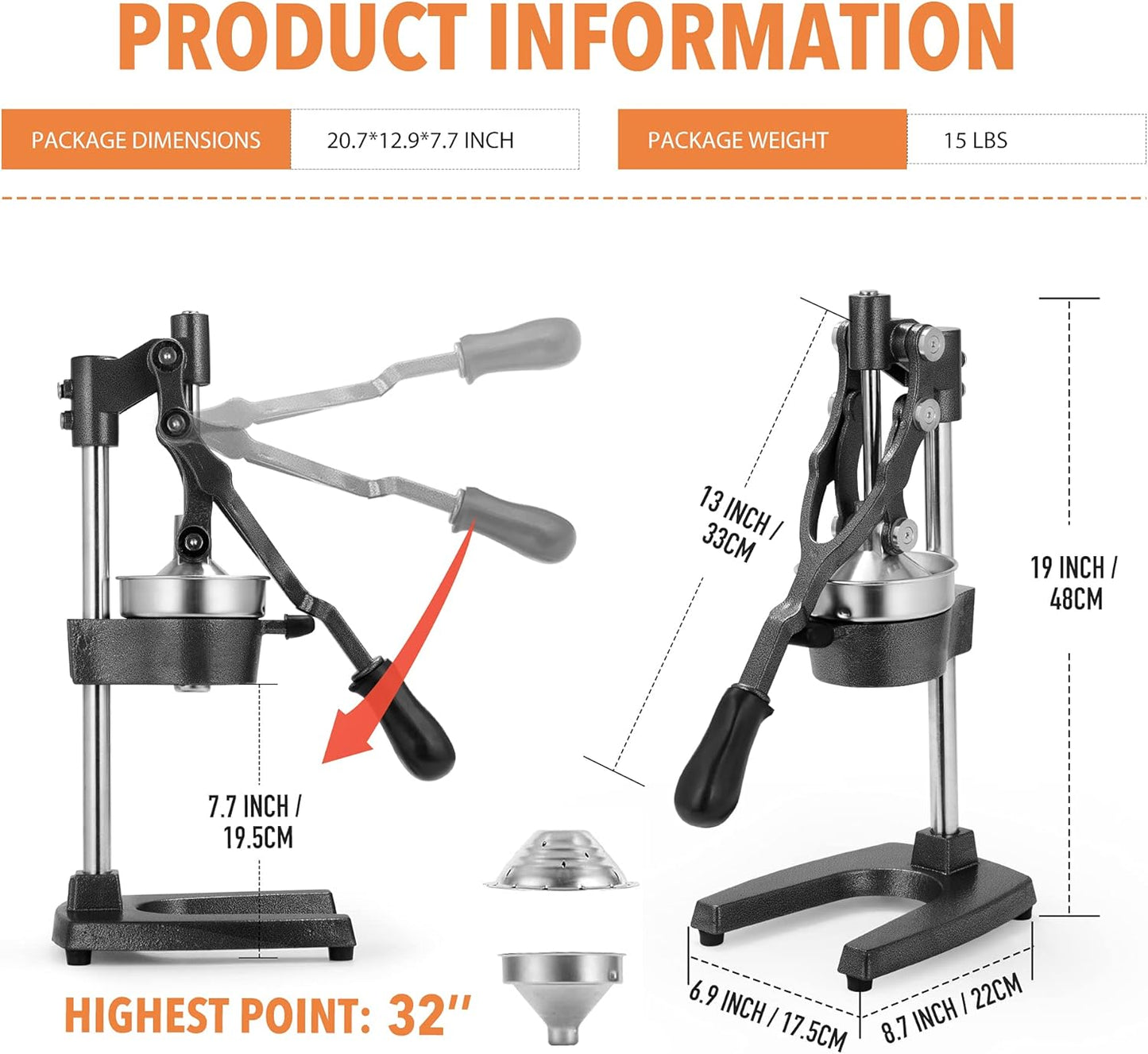 Commercial Heavy Duty Cast Iron Hand Press Manual Orange Citrus Lemon Lime Grapefruit Pomegranate Fruit Juice Squeezer Machine with Stainless Steel Cup